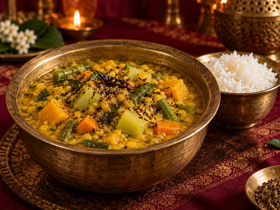 Odia dalma with vegetables, served with rice in brass bowls