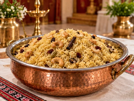 Kaju-Kishmish Pulao presented at a premium catered event